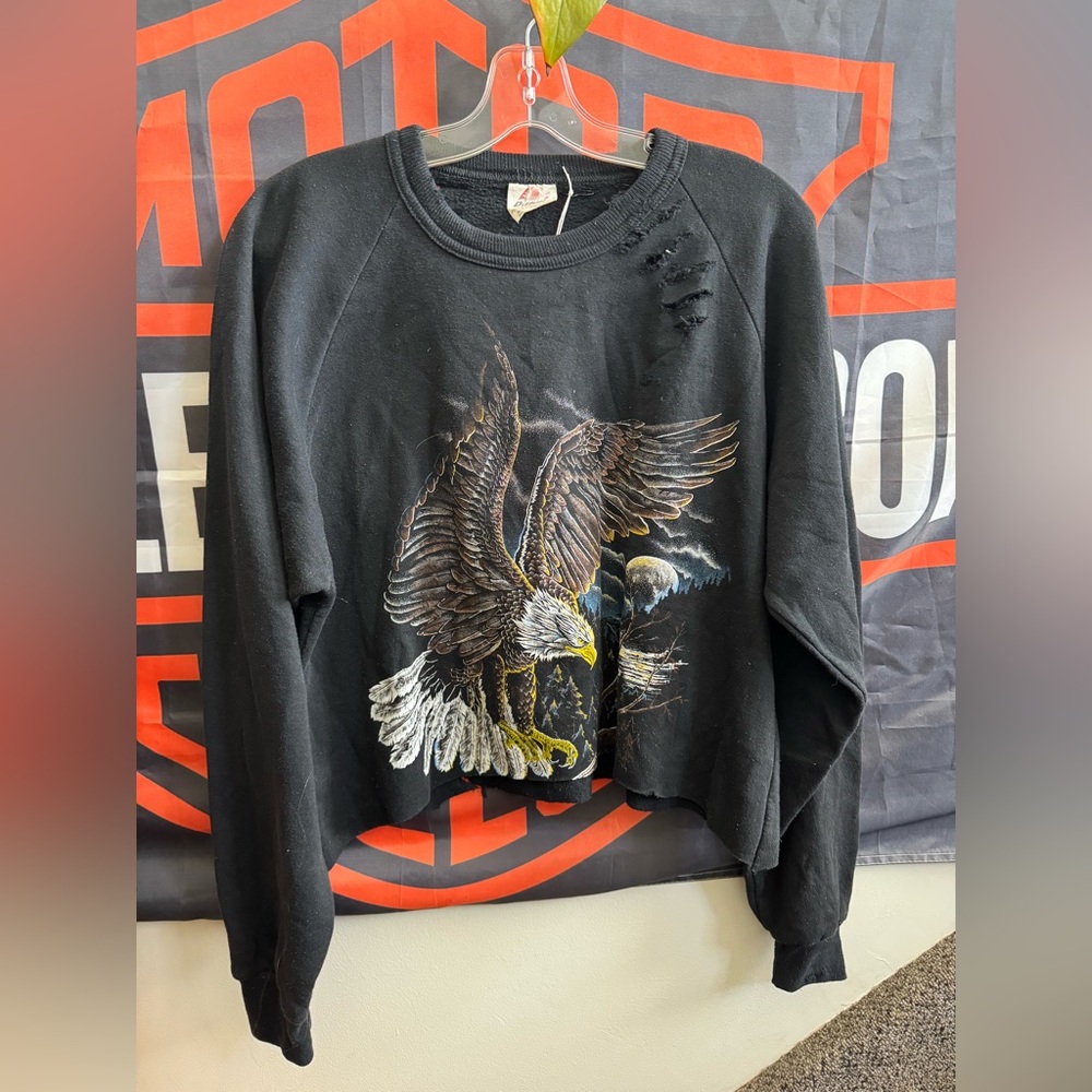 Vintage-Inspired Black Eagle Graphic Cropped Sweatshirt